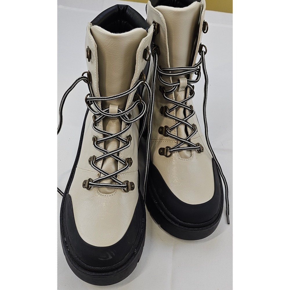 Natacha 302785 Cream Black Lace Up‎ Platform Lug Sole Combat Boots Womens 9